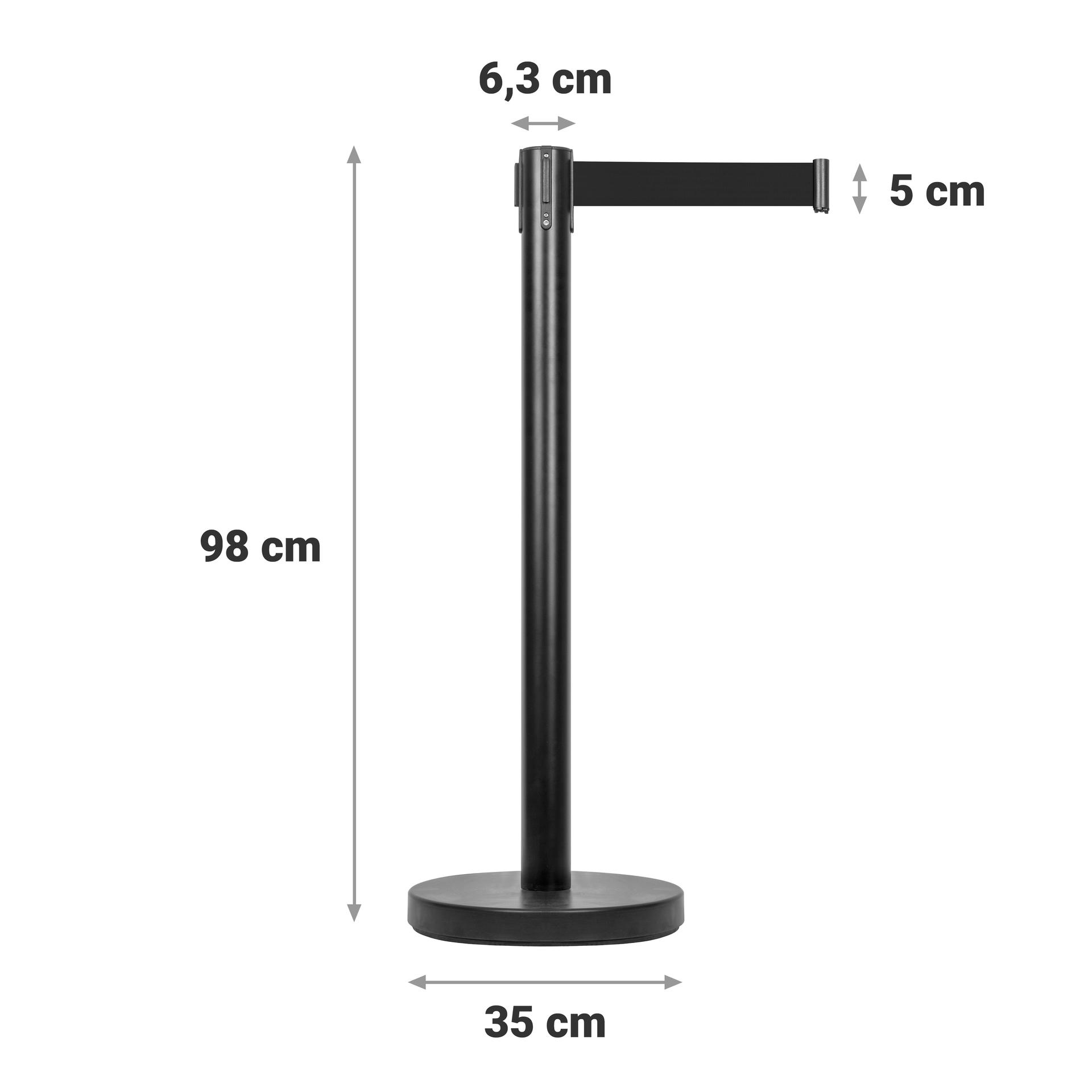 Schwarzer Gurtpfosten mit technischen Angaben zu Höhe (98 cm), Fußdurchmesser (35 cm) und Bandbreite (5 cm)