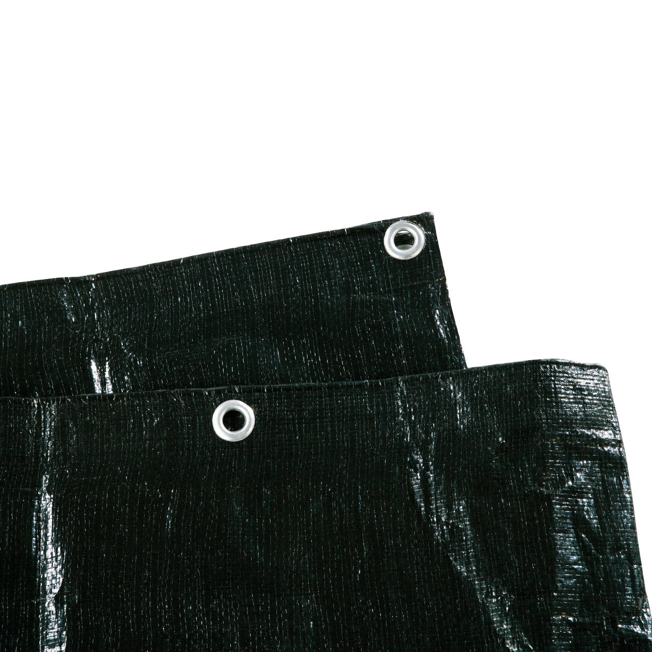 Schwarze Bauzaunplane mit Ösen, versetzt übereinandergelegt vor weißem Hintergrund