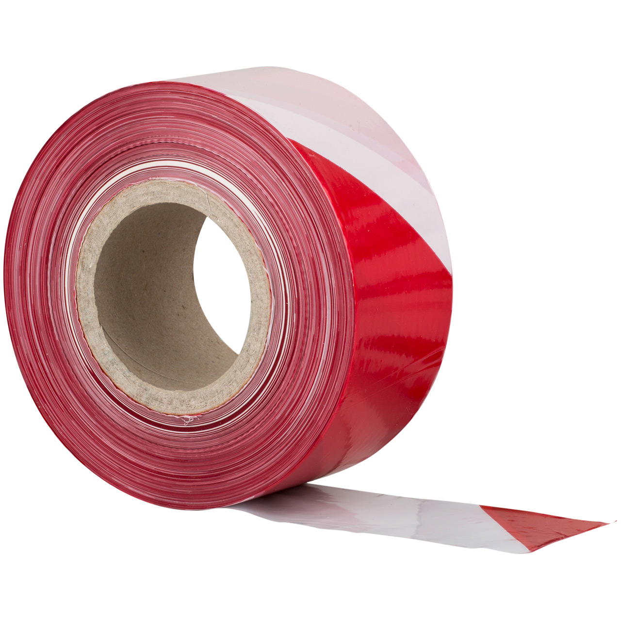 Eine schräg stehende Rolle rot-weißes Absperrband mit leicht abgerolltem Bandstück auf weißem Hintergrund