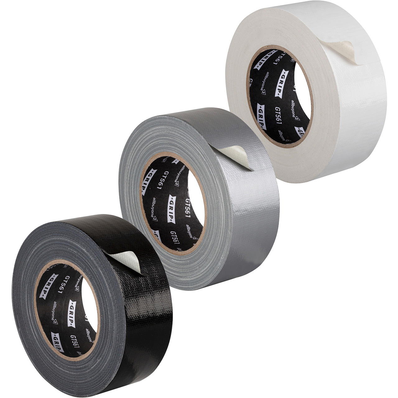 Versetzt nebeneinander stehende Rollen GT 561 in Schwarz, Silber und Weiß, sichtbarer Kern und angehobene Klebeecke