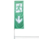Bauzaunfahne mit Piktogramm - Notausgang 295 x 100 cm für Events  Freigestellte grüne Fahne mit Notausgangs-Piktogramm und Pfeil nach unten am oberen Segment eines Bauzauns montiert