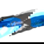 Stoffbänder bedrucken - mit selbstverschließendem Plastik Verschluss Nahaufnahme eines schwarzen, selbstverschließenden Kunststoffverschlusses an einem blauen, individuell bedruckten Satinband