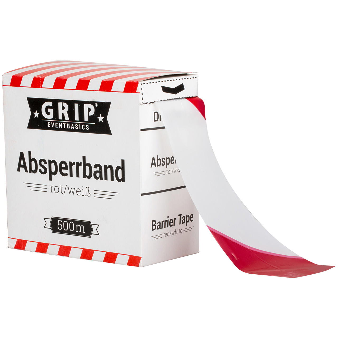 Verpackungseinheit rot-weißes Absperrband von GRIP mit teilweise seitlich aus dem Karton herausgezogem Band