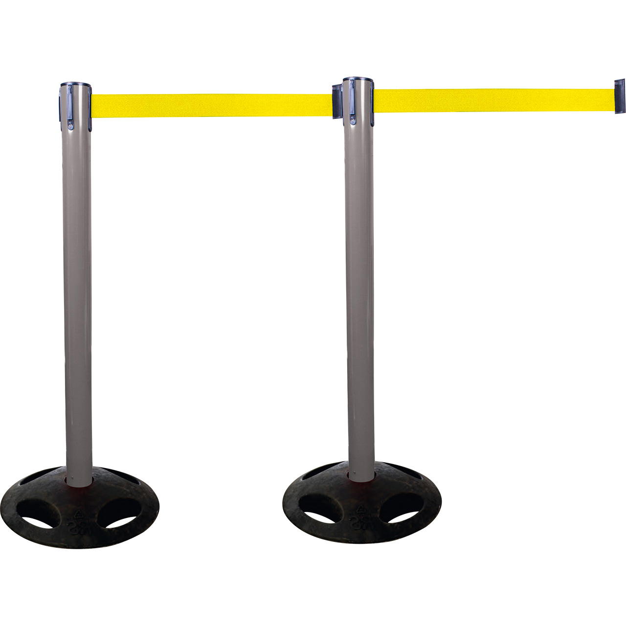 Plastic belt barrier posts - grey - signal yellow