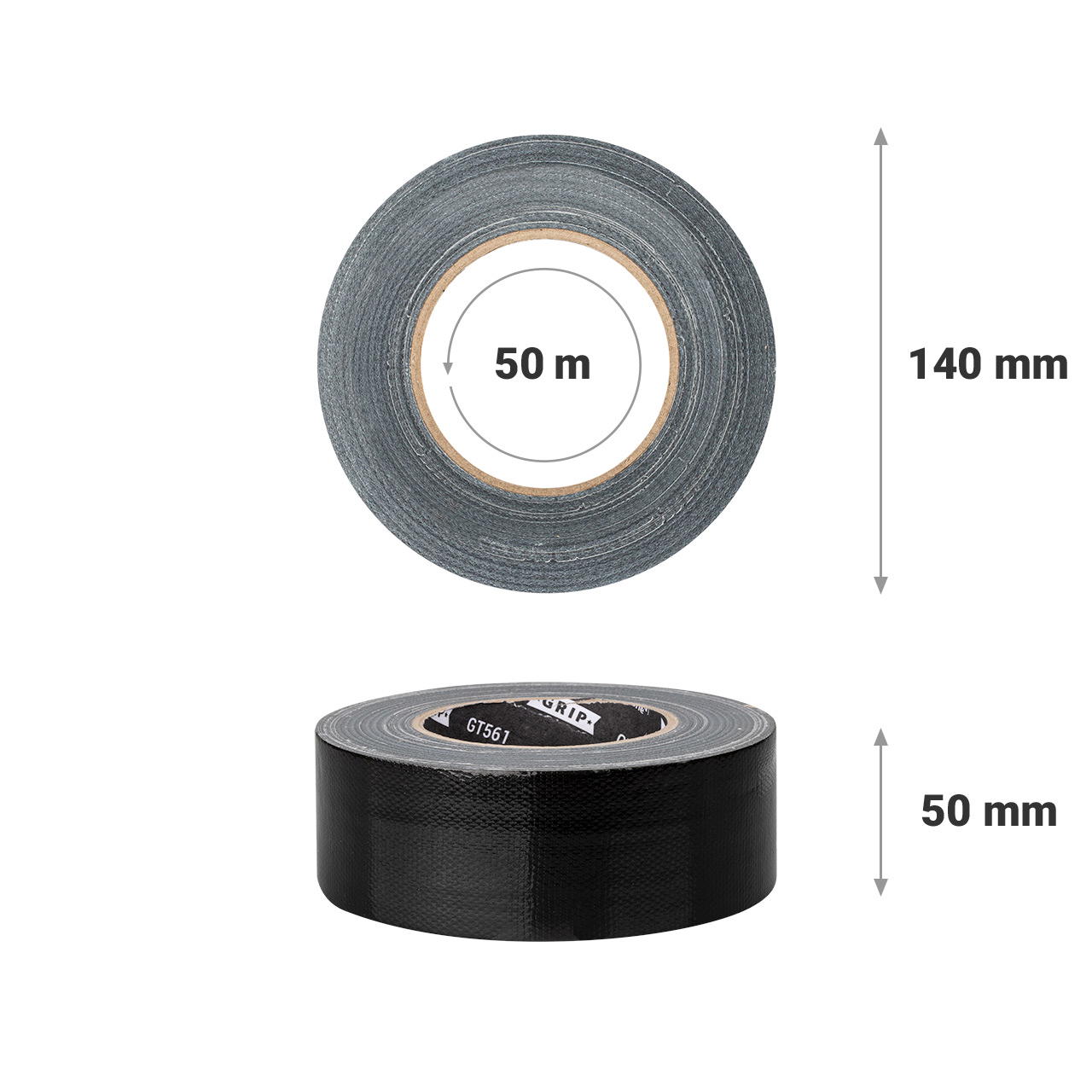 Gewebeband GT 561 in schwarz, Draufsicht mit 50 m Länge und 140 mm Ø, darunter Seitenansicht mit 50 mm Breite