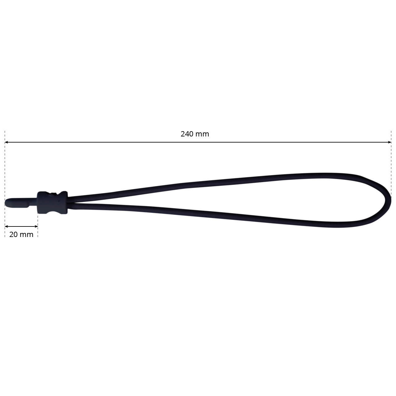 Schwarzer Spannfix Gummispanner in Draufsicht mit Gesamtlänge 240 mm und 20 mm Haken vor weißem Hintergrund