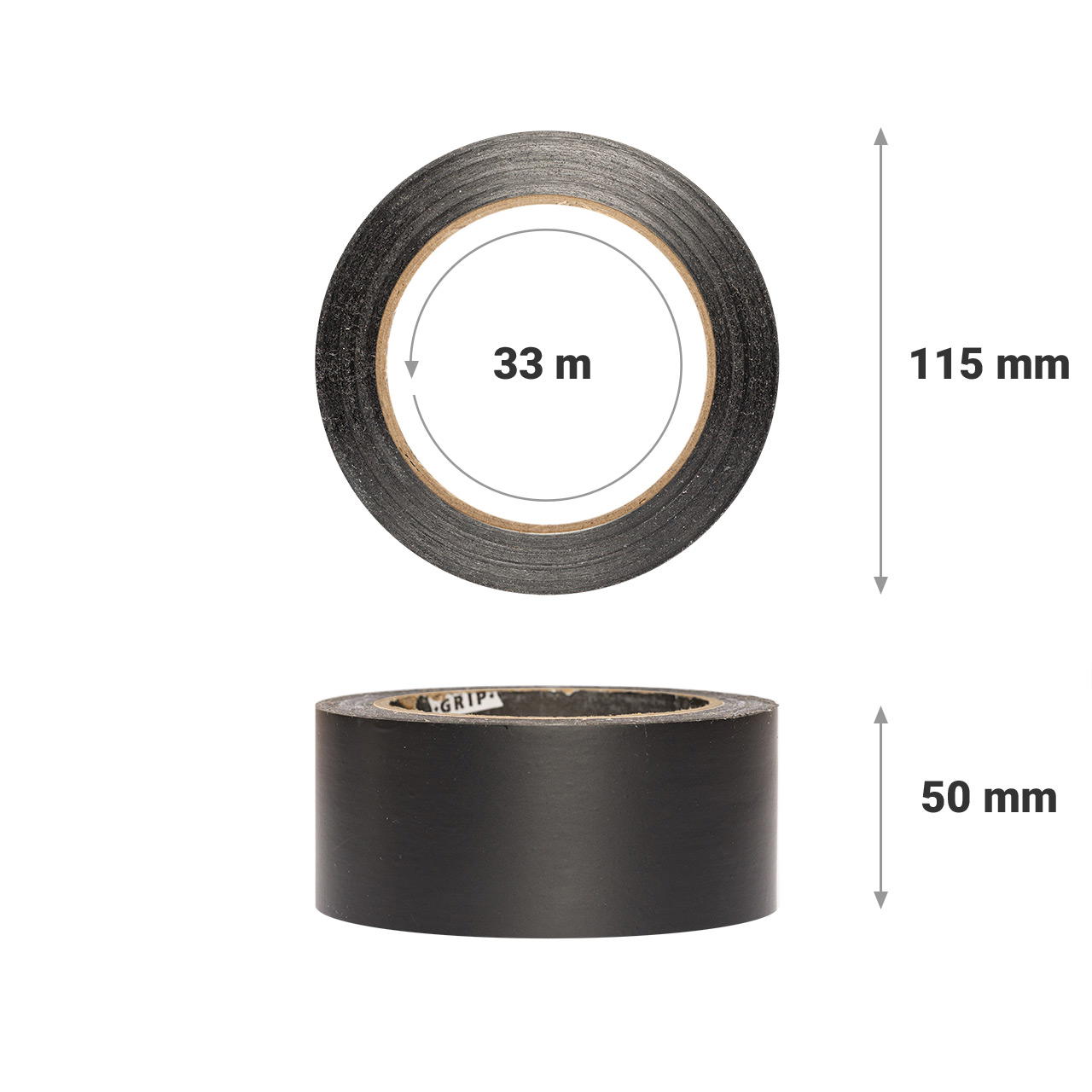 Zwei liegende schwarze Rollen GT 802 mit Maßangaben: Draufsicht 115 mm Ø, 33 m Länge; Frontalsicht 50 mm Breite