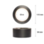 PVC Band GT 802 - Tanzbodenband Rolle schwarz 50 mm x 33 m Zwei liegende schwarze Rollen GT 802 mit Maßangaben: Draufsicht 115 mm Ø, 33 m Länge; Frontalsicht 50 mm Breite