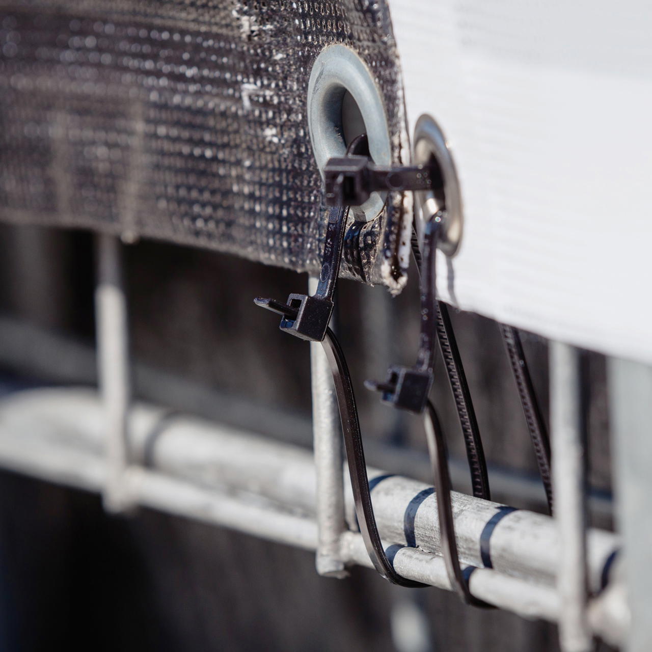 Nahaufnahme von drei schwarzen Kabelbindern mit abgeknipsten Enden, die zwei geöste Planen an einen Bauzaun fixieren