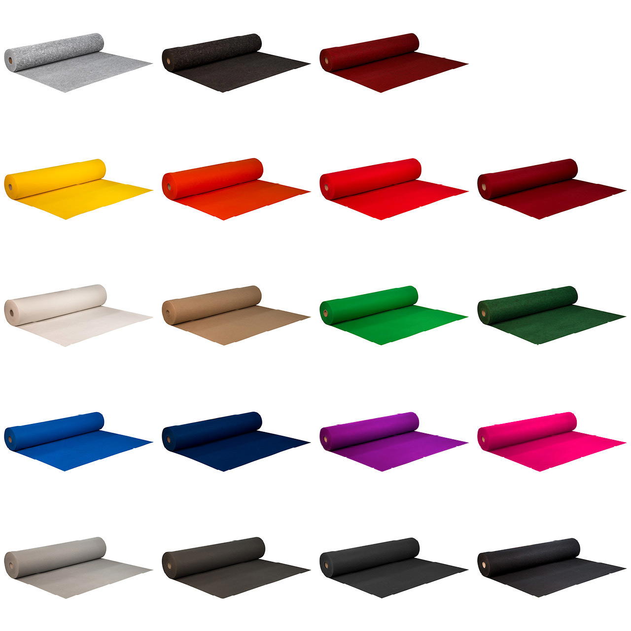 Schräg liegende Rollen Messeteppich in 19 verschiedenen Farben, teilweise ausgerollt, vor weißem Hintergrund