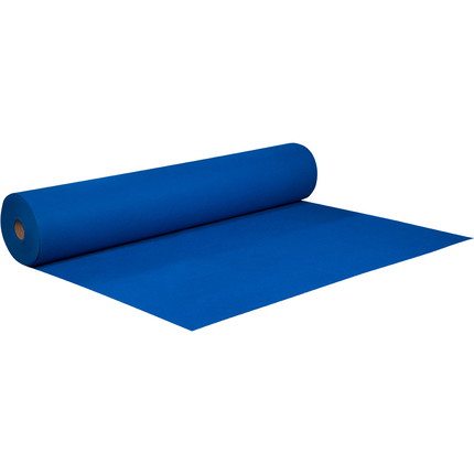 Messeteppich Rollenware blau - 2 m x 50 m Rolle aus Polypropylen Eine Rolle blauer Messeteppich, schräg liegend und teilweise ausgerollt vor weißem Hintergrund