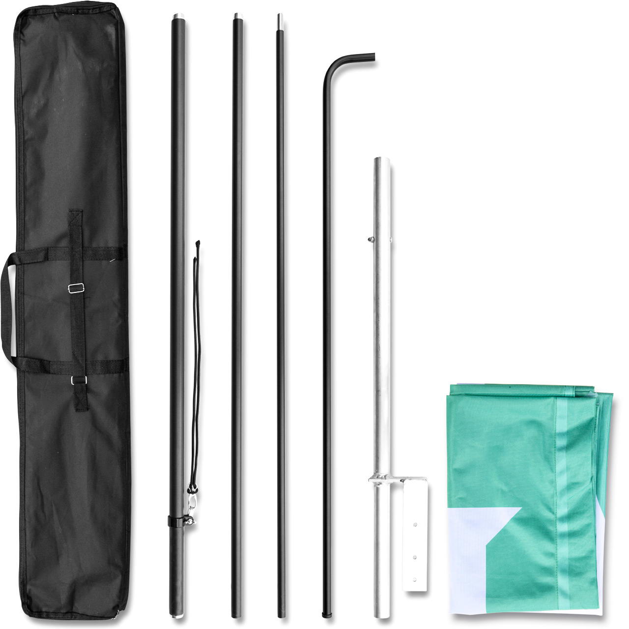 Überblicksbild eines Bauzaunfahnen-Sets mit 4-teiligem Gestänge, Fahne, Adapter zur Zaunmontage und Transporttasche
