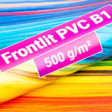 Symbolbild einer Frontlit PVC Plane mit mehrfarbigem Druck und magentafarbigem Label "Frontlit PVC B1 500 g/m²"