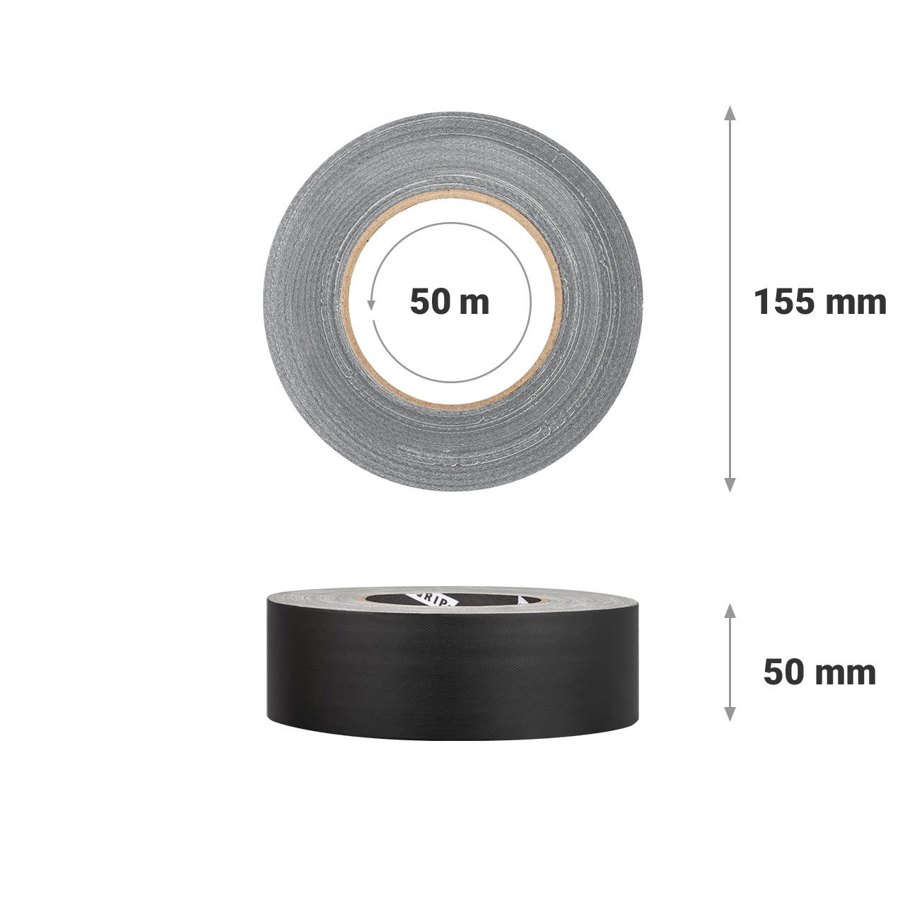 Schwarzes Gewebeklebeband extra matt, Draufsicht mit 50 m Länge und 155 mm Ø, unten Seitenansicht mit 50 mm Breite