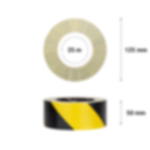 Warnmarkierungsband GT 571 - Rolle 25 m x 50 mm schwarz gelb schraffiert Grafik von zwei Rollen GT 571 mit Maßangaben: oben Draufsicht 125 mm Ø und 25 m lang, darunter liegend mit 50 mm Breite