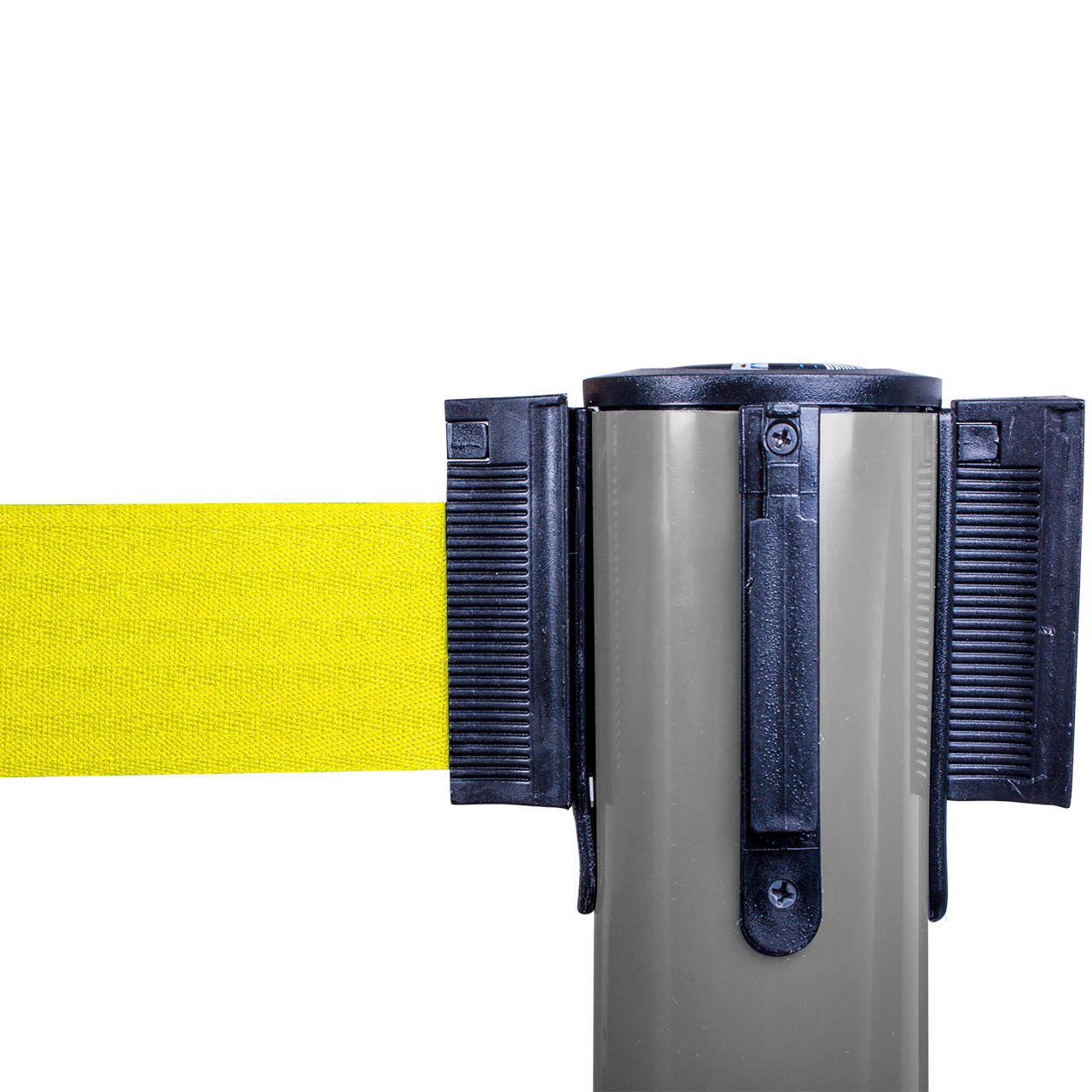 Plastic belt barrier posts - grey - signal yellow
